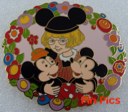 Disney Catalog - Ann Estelle holding Vintage Mickey and Minnie Dolls - Mary Engelbreit Tea for Three