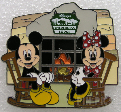 Minnie and Mickey - Wilderness Lodge - Sitting in Rocking Chairs in Front of a Fireplace
