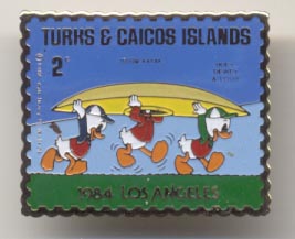 Turks & Caicos Islands Huey, Dewey, and Louie 1984 Olympics Kayak Stamp Pin