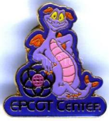 Figment Leaning on Old Epcot Center Logo