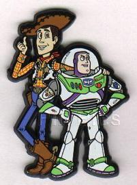 Sheriff Woody with his arm around Buzz Lightyear