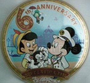 TDR - 6th Anniversary - Mickey, Pinocchio, Jiminy Cricket & Figaro - Button - TDS
