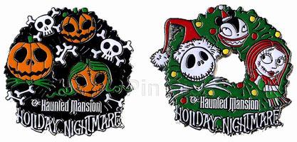 TDR - Jack, Sally & Scary Teddy - Pumpkin Heads - Christmas Wreath - Haunted Mansion Holiday Nightmare 2007 - 2 Pin Set - TDL
