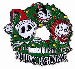 TDR - Jack, Sally & Scary Teddy - Christmas Wreath - Haunted Mansion Holiday Nightmare 2007 - From a 2 Pin Set - TDL