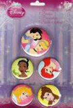 Button - Disney Princess Set Buttons - Snow White, Cinderella, Ariel, Tiana, Belle and Aurora